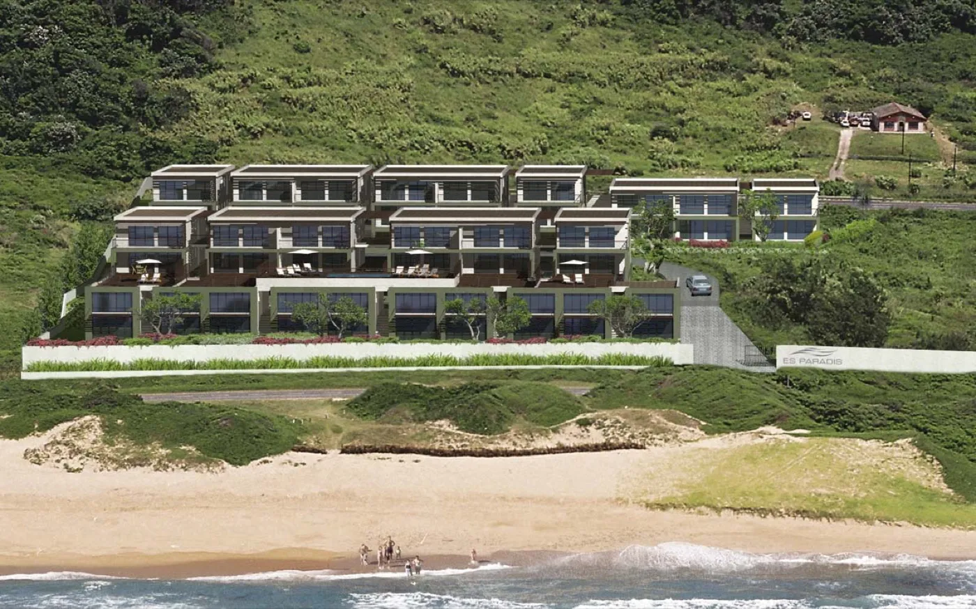 Rendering of 50 terraced beach condominiums on a hillside above the shore