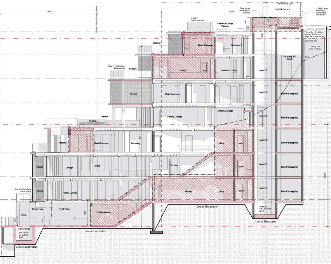 Architectural section drawing of a luxury condominium building