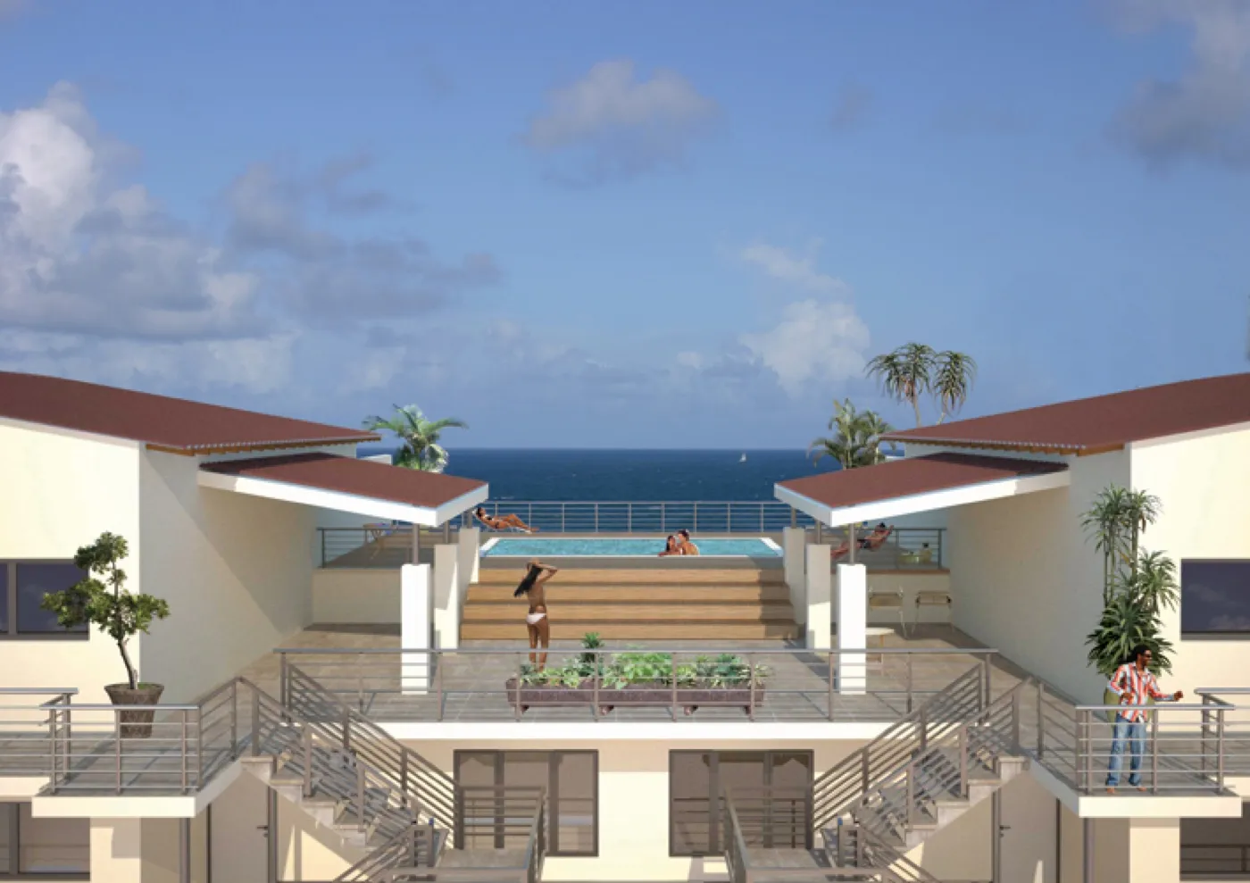 Rendering of a 52 unit development at Warner Beach with a pool terrace facing the sea