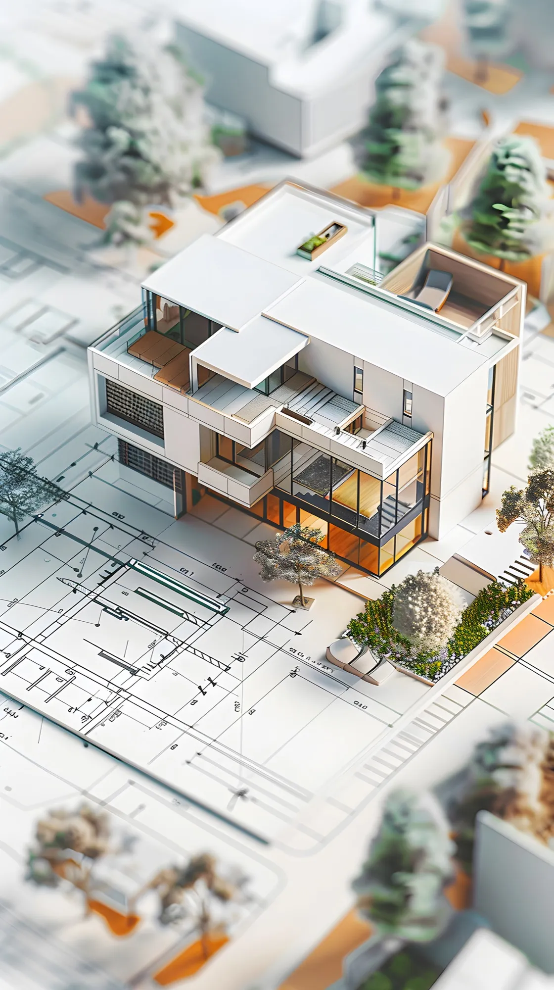 Architectural model of a modern two story home standing on its own blueprint