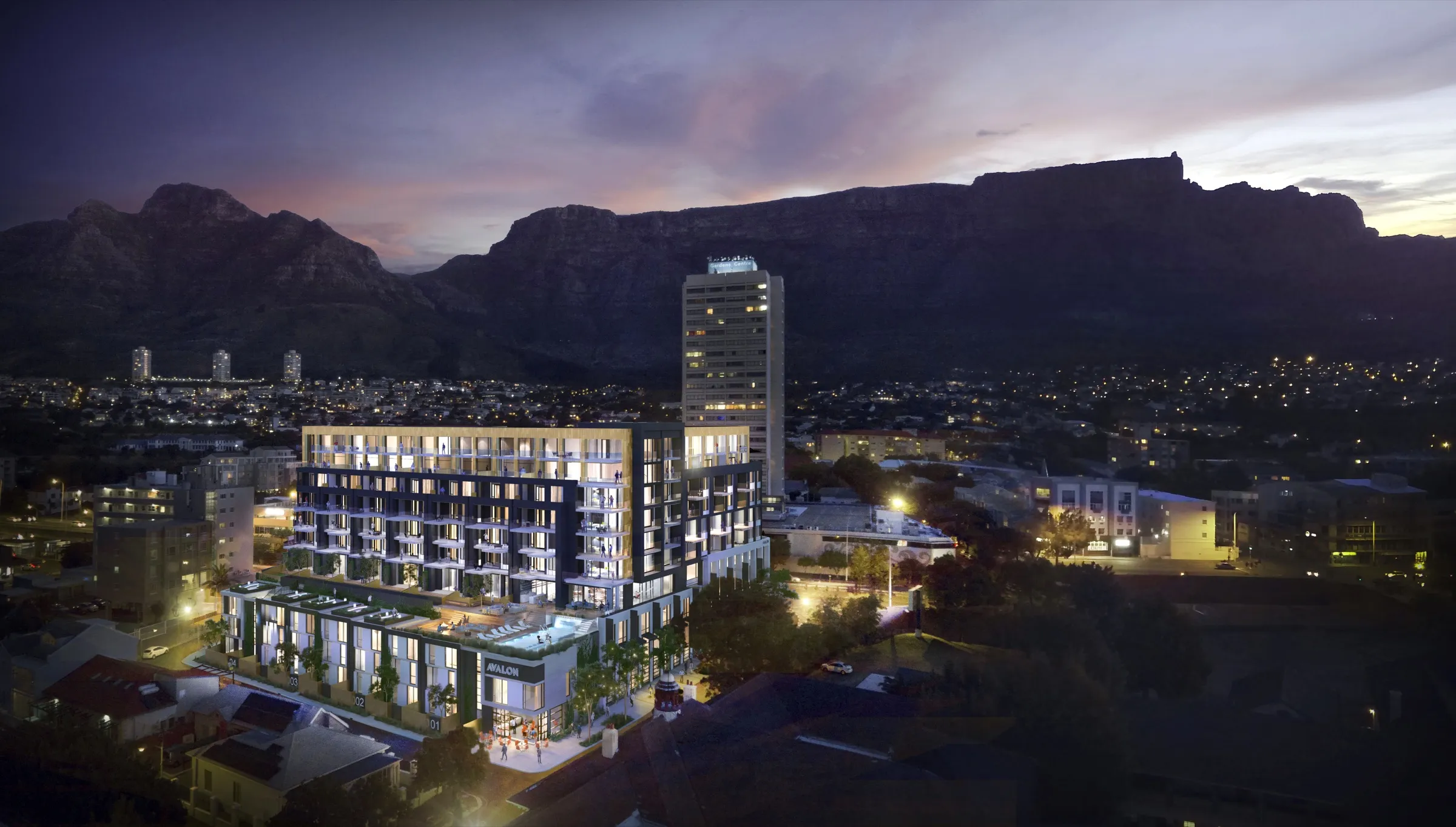 Aerial rendering at dusk of The Avalon mixed use redevelopment