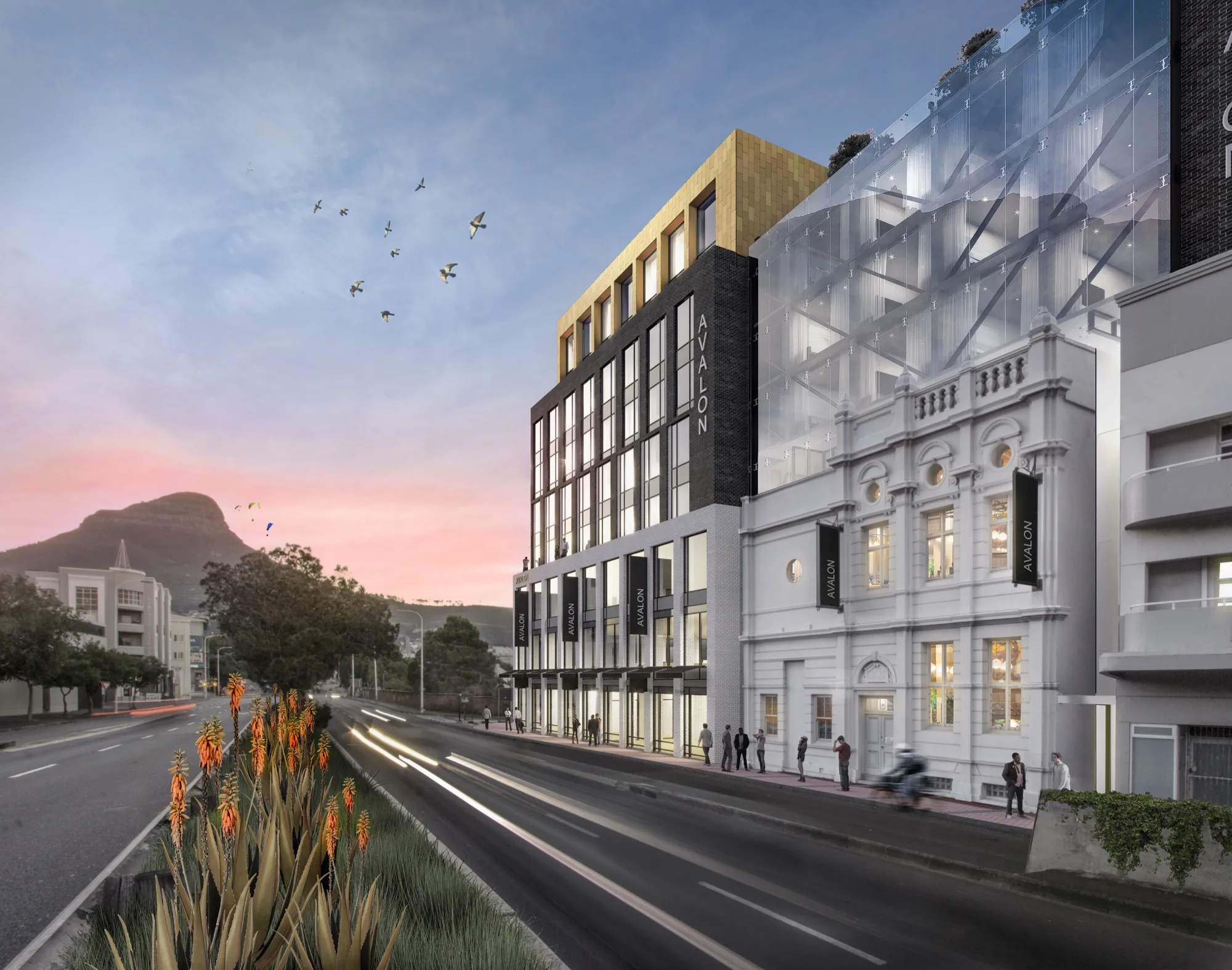 Rendering of a mixed use building replacing an older commercial block on a city corner